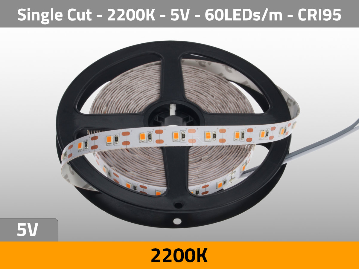 LED Strip Tungsten 2200K 5V 13W/m 60LEDs/m 1-Cut CRI95 — Isometric View