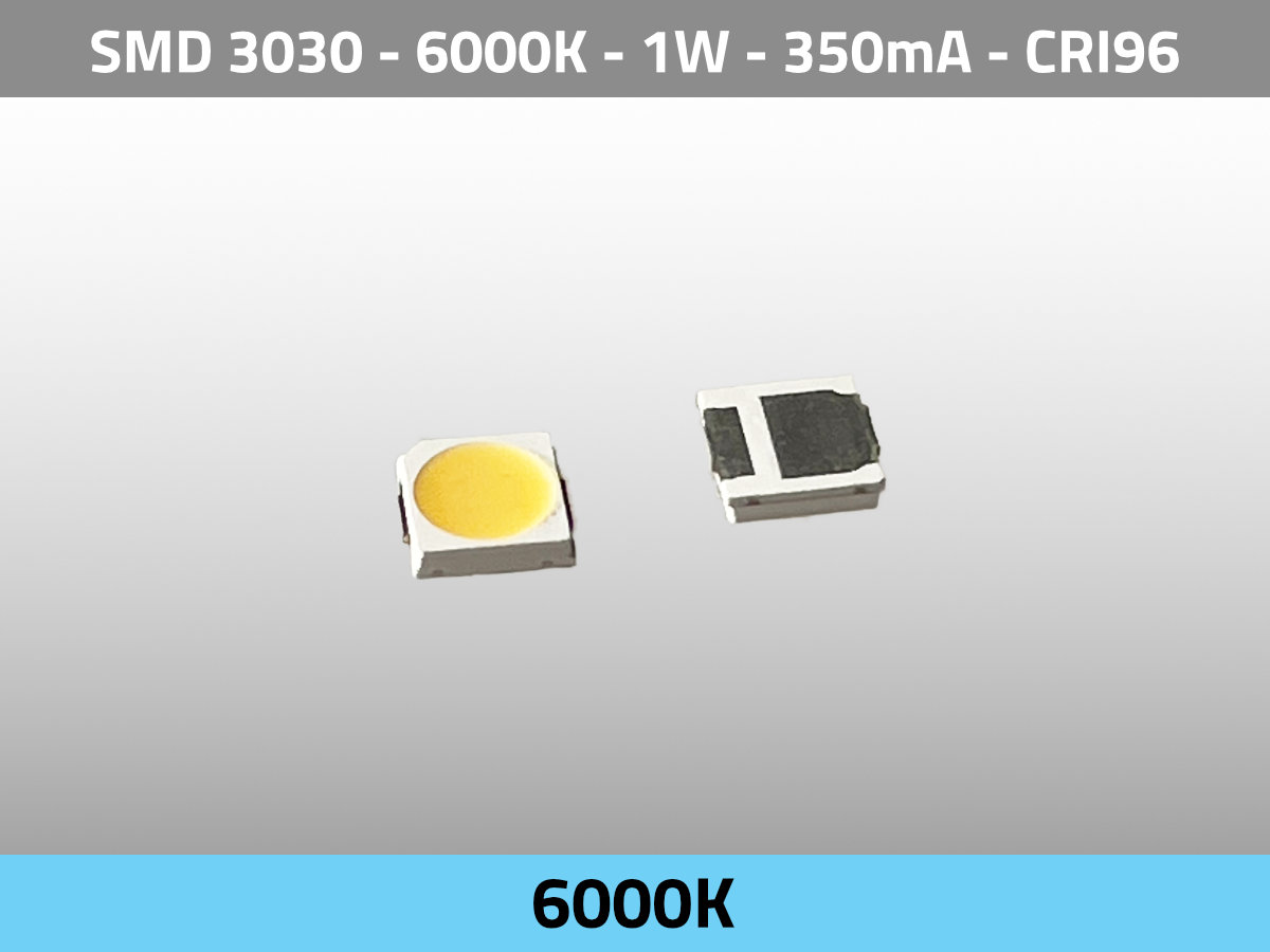 LED SMD 3030 6000K CCT 3V 1W 350mA 130lm CRI95 TLCI99 — Isometric View