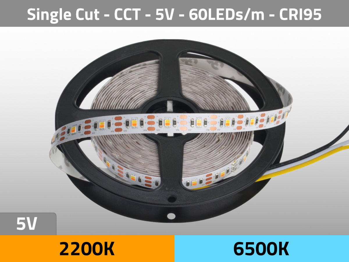 LED Strip CCT 2200K-6500K 5V 20W/m 60LEDs/m CRI95 — Isometric View