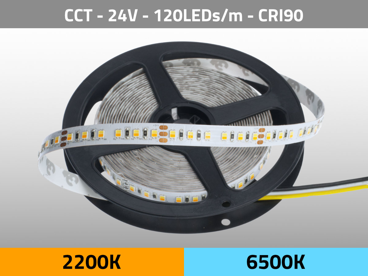 LED Strip CCT 2200K-6500K 24V 19.2W/m 120LEDs/m CRI90 — Isometric View